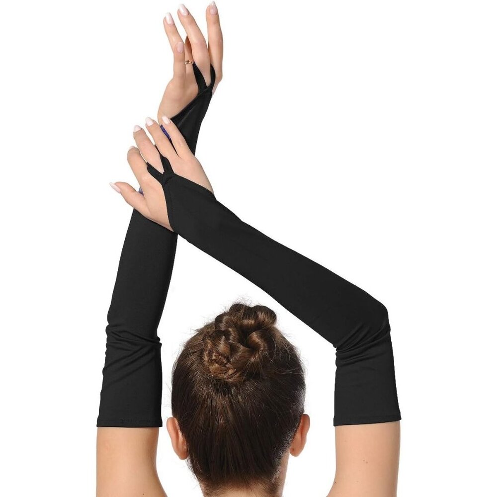 Women's Black Finger Loop Fingerless Elbow Length Long Satin Gloves Cosplay